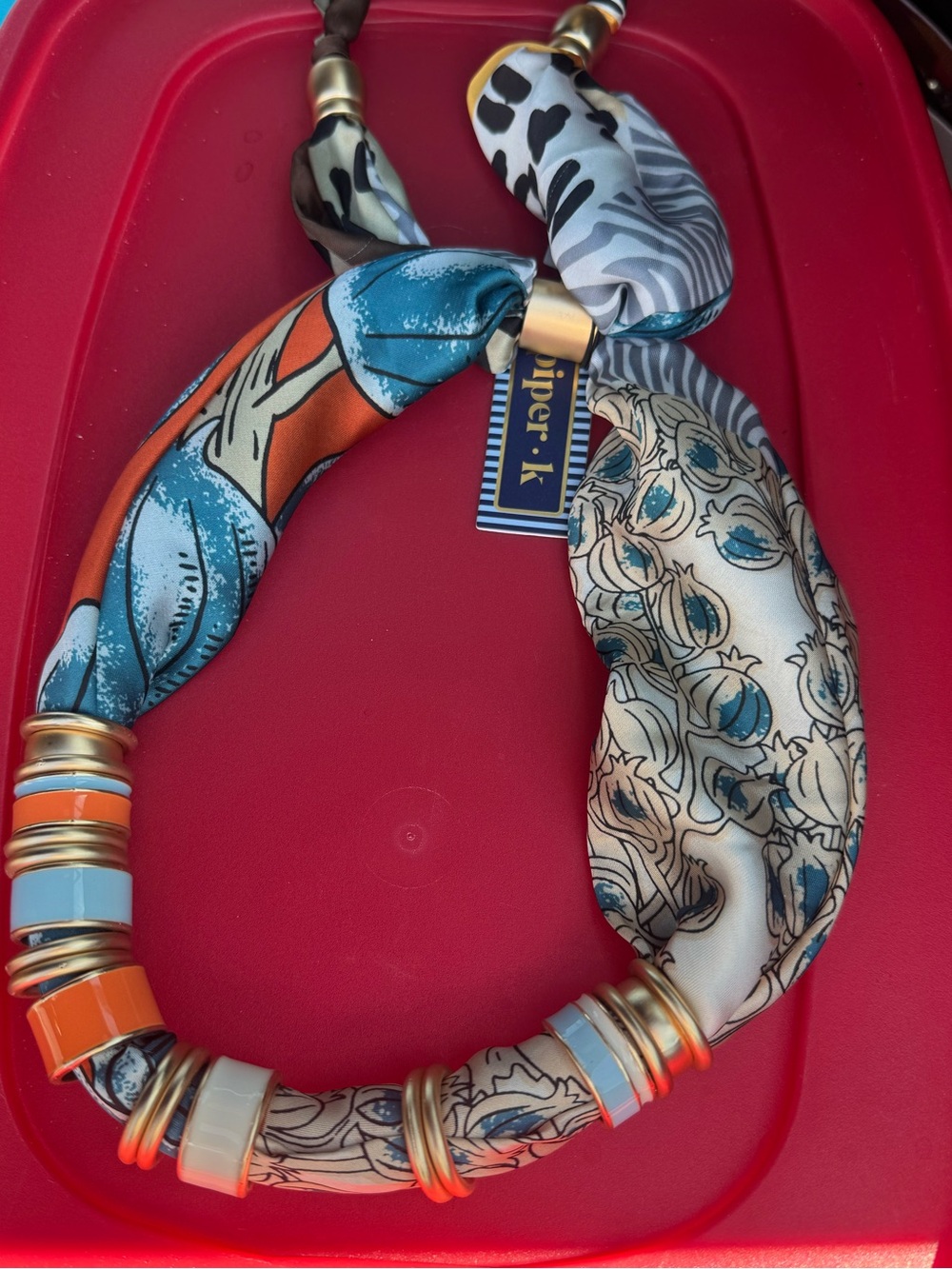 Piper K Printed Silk-Style Necklace Scarf in Blue & Orange w/ animal print too! - Picture 6 of 6
